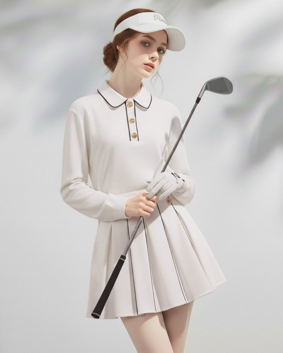 レディース ゴルフウェア トップス／スカート｜配色ライン　ゴールドボタン セットアップ可 2色展開　CH819 - Chamule