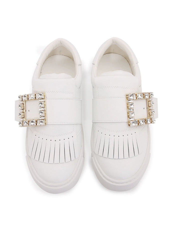 RV Tassel Diamond Buckle White Shoes Women's Leather Platform Sole Casual Board Shoes Color Blocking One-Foot Slippers Single Shoes Golf Shoes