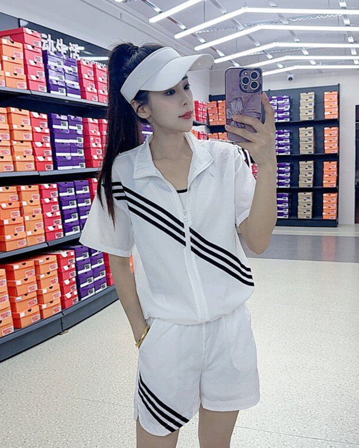 Women's 2025 Summer Casual Sportswear Set: Stand Collar Sunscreen Short-Sleeve Jacket and Shorts Two-Piece Set