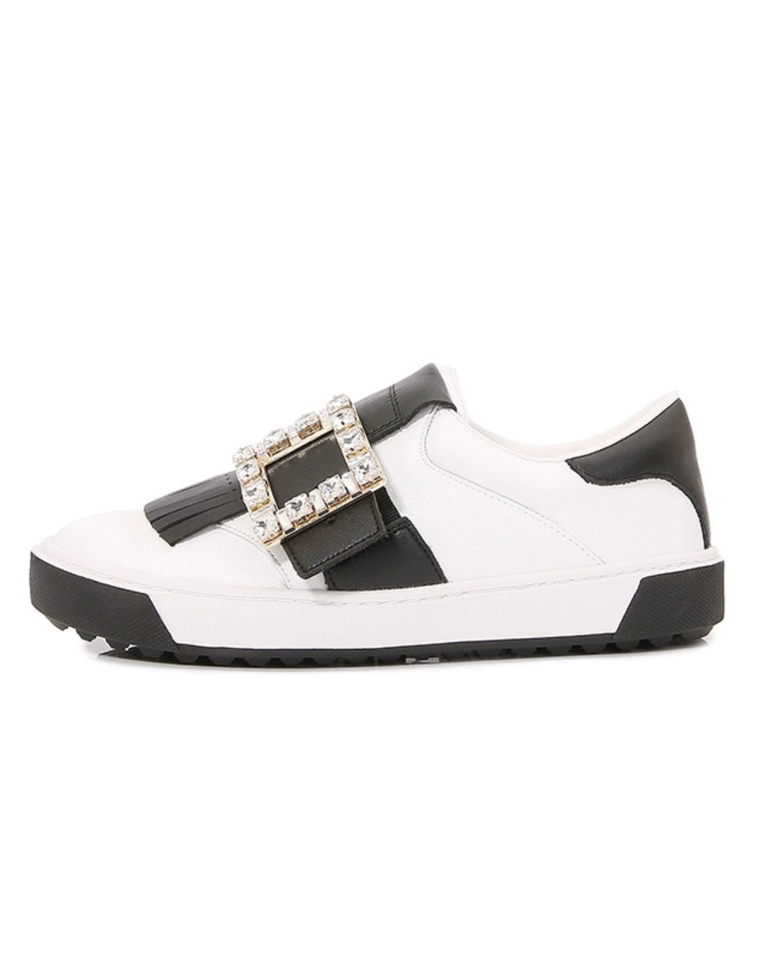 RV Tassel Diamond Buckle White Shoes Women's Leather Platform Sole Casual Board Shoes Color Blocking One-Foot Slippers Single Shoes Golf Shoes