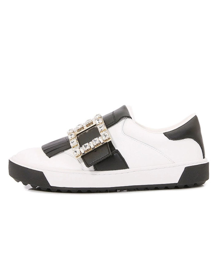 RV Tassel Diamond Buckle White Shoes Women's Leather Platform Sole Casual Board Shoes Color Blocking One-Foot Slippers Single Shoes Golf Shoes