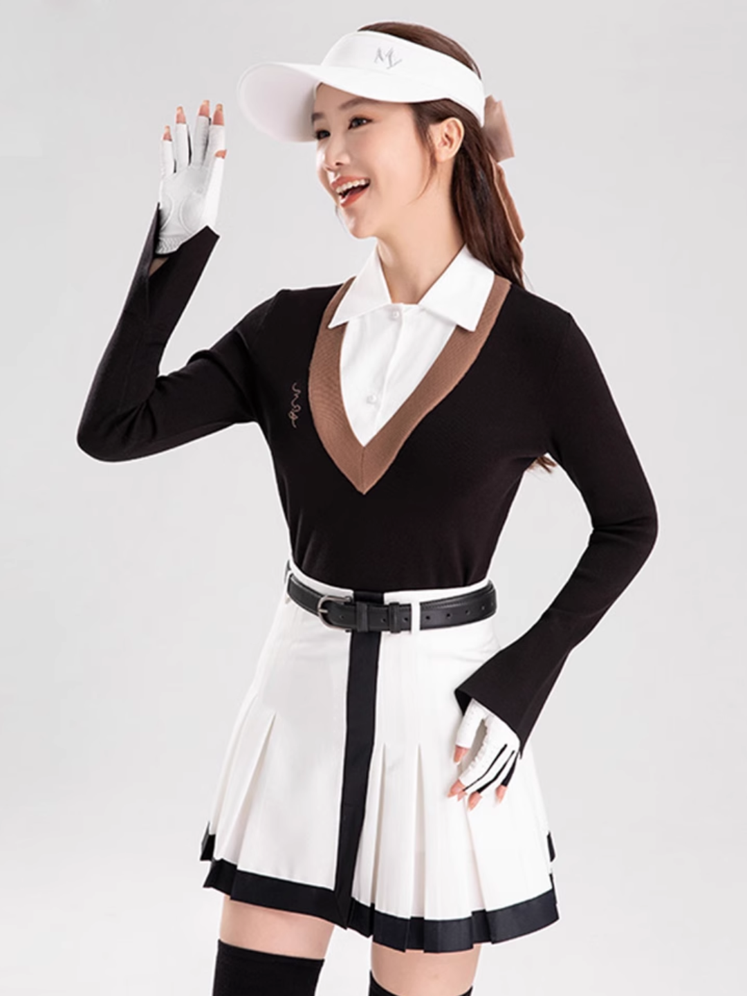 Lapel knit & bicolor pleated skirt CH501