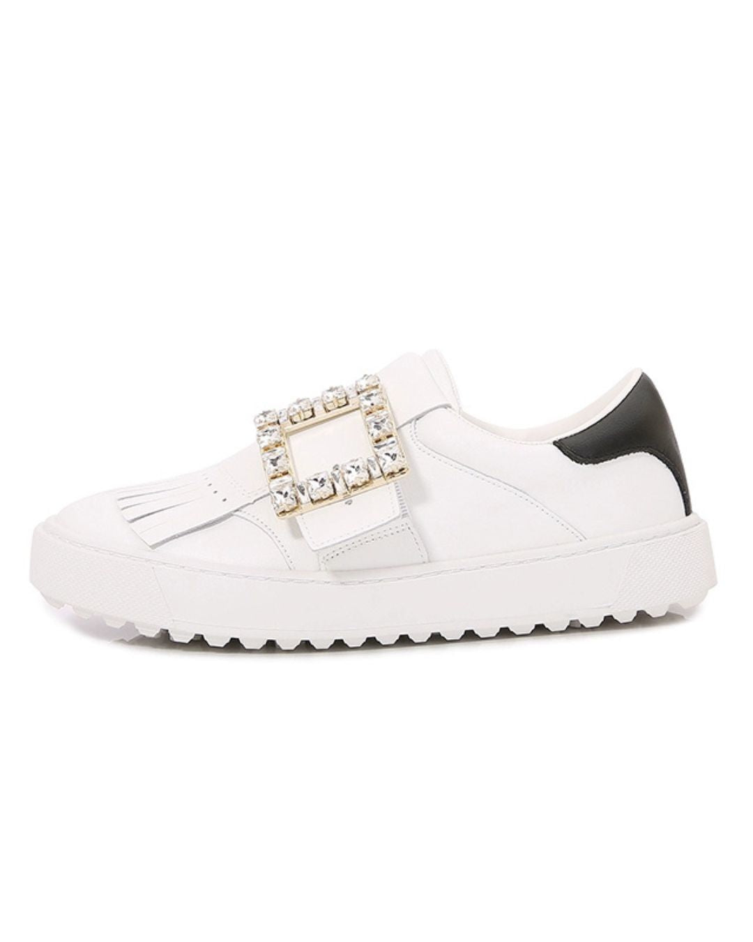 RV Tassel Diamond Buckle White Shoes Women's Leather Platform Sole Casual Board Shoes Color Blocking One-Foot Slippers Single Shoes Golf Shoes