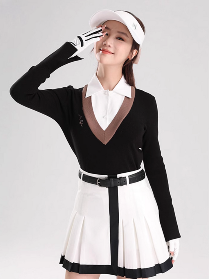 Lapel knit & bicolor pleated skirt CH501