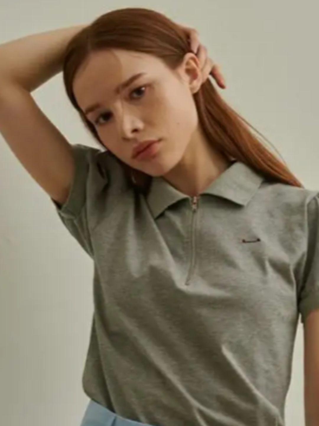 ショートパフ袖ジップネックTシャツ CH389