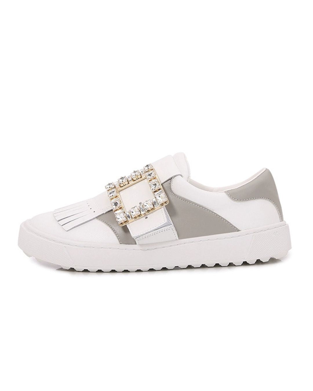 RV Tassel Diamond Buckle White Shoes Women's Leather Platform Sole Casual Board Shoes Color Blocking One-Foot Slippers Single Shoes Golf Shoes