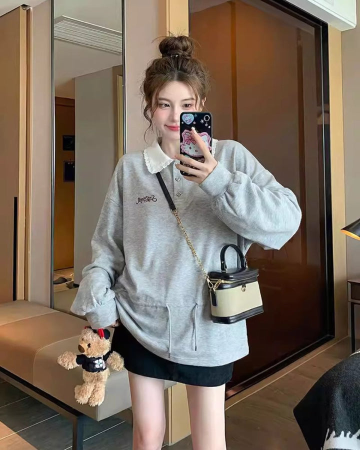 レース襟ドローストリングスウェットトップス　CH1041 - Chamule