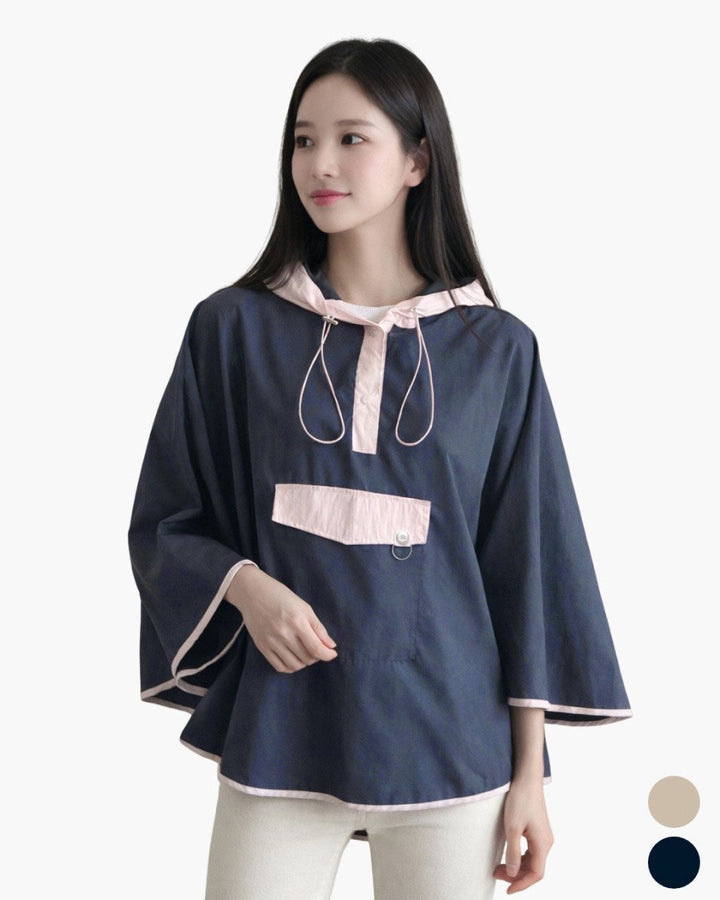 バイカラーフード付きポンチョレインコート　CH1046 - Chamule