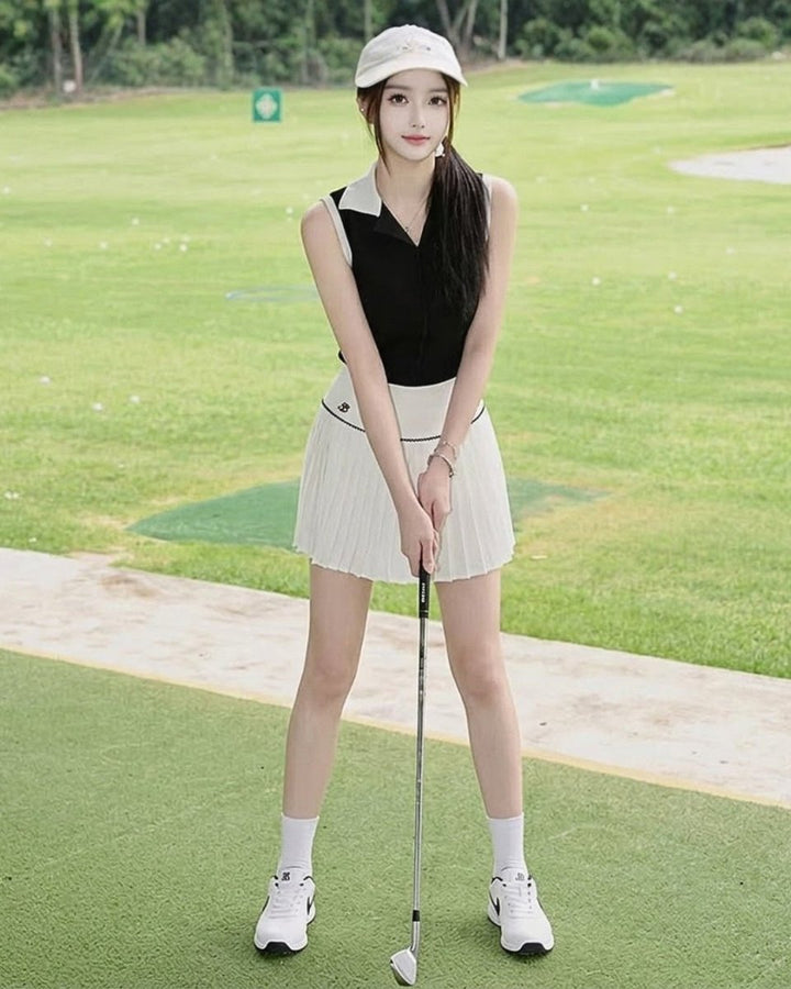 バイカラーノースリーブトップス＆プリーツスカート ゴルフセットアップ　CH1053 - Chamule