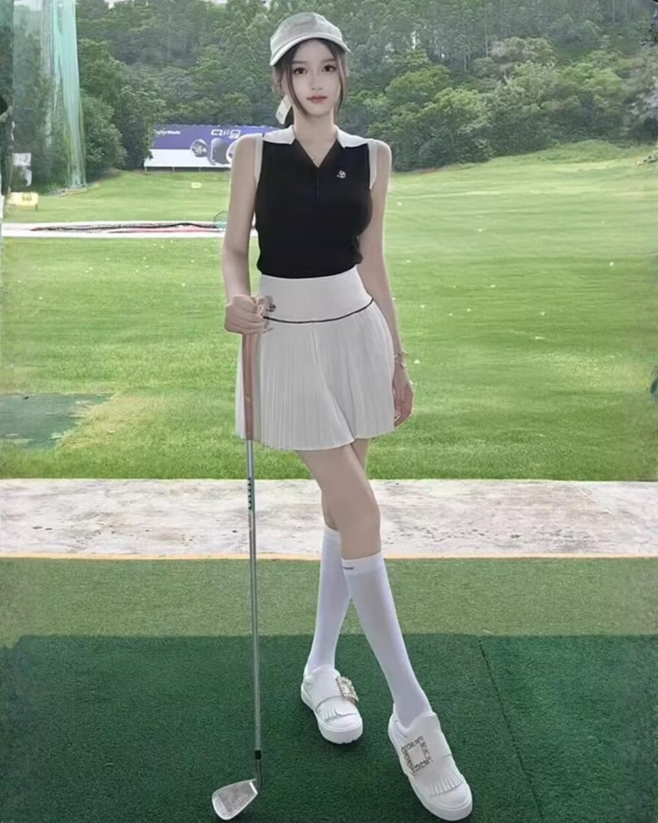 バイカラーノースリーブトップス＆プリーツスカート ゴルフセットアップ　CH1053 - Chamule