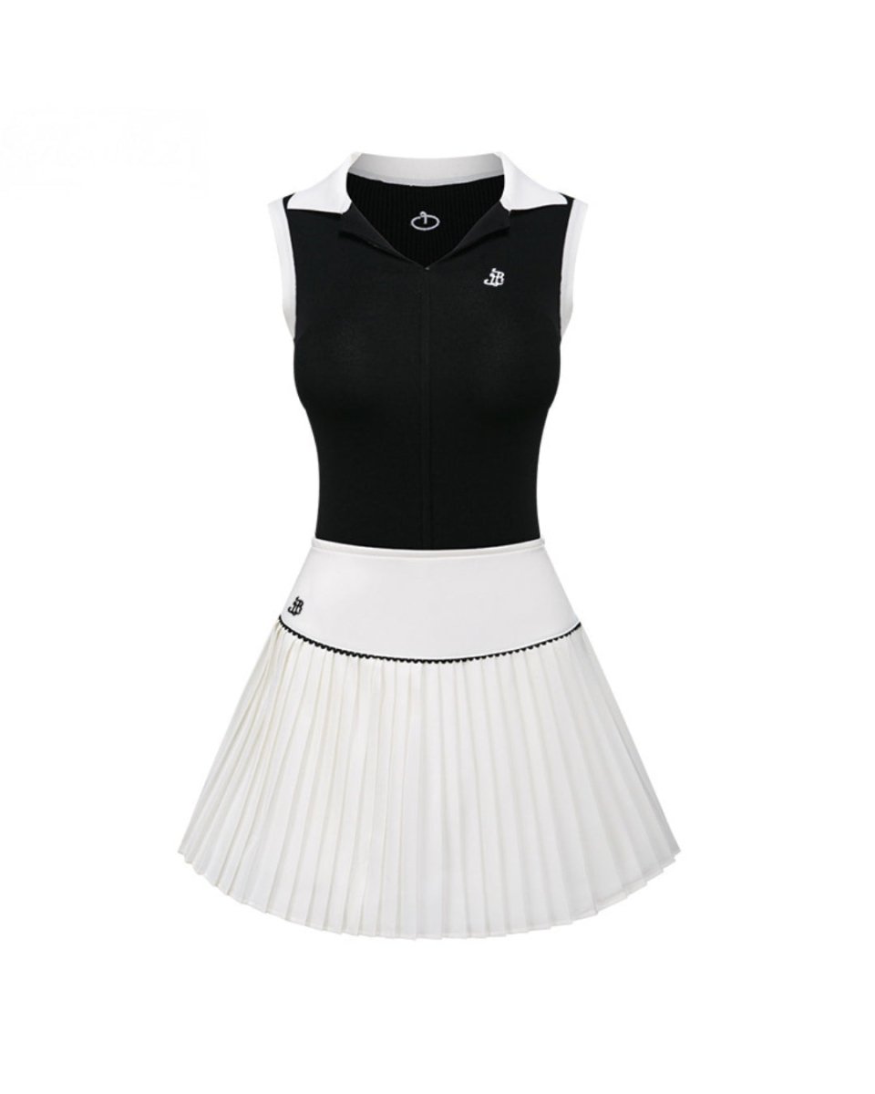 バイカラーノースリーブトップス＆プリーツスカート ゴルフセットアップ　CH1053 - Chamule