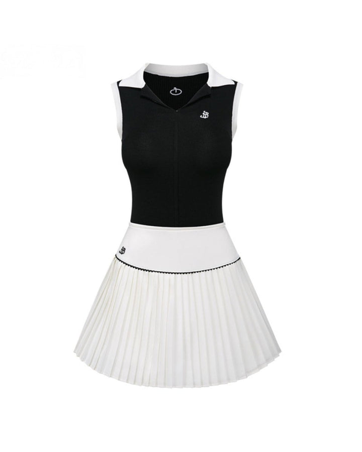 バイカラーノースリーブトップス＆プリーツスカート ゴルフセットアップ　CH1053 - Chamule