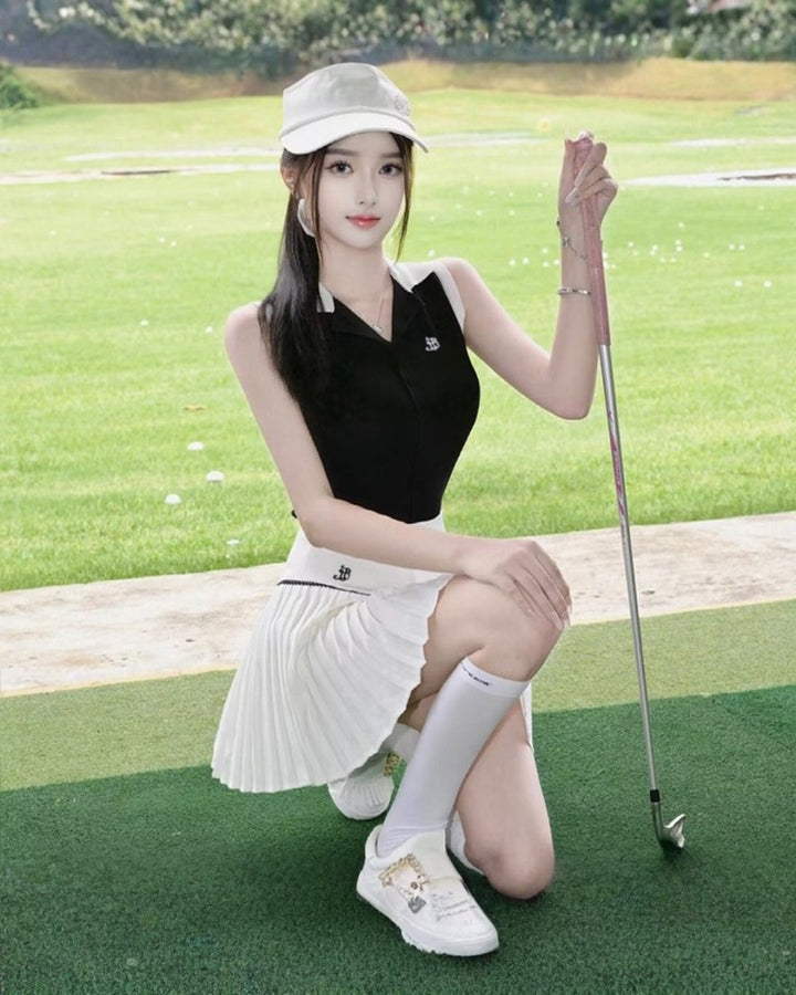 バイカラーノースリーブトップス＆プリーツスカート ゴルフセットアップ　CH1053 - Chamule