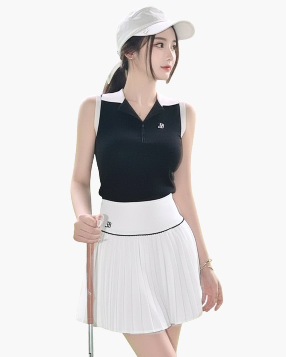バイカラーノースリーブトップス＆プリーツスカート ゴルフセットアップ　CH1053 - Chamule