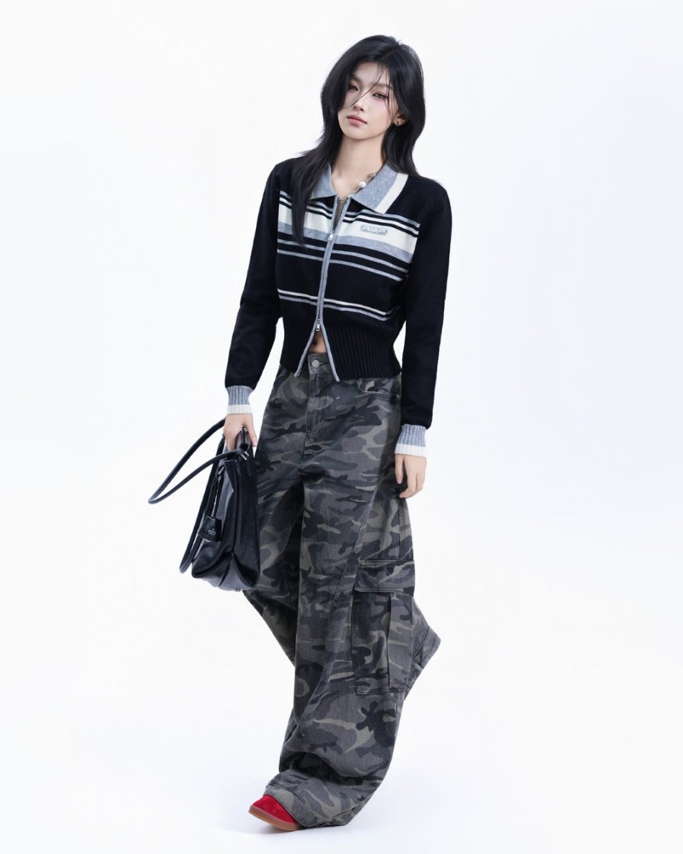 配色ジップニットカーディガン　CH1059 - Chamule