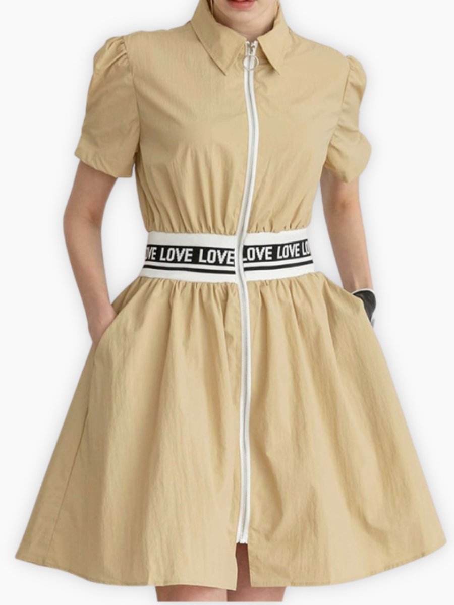 Lettering Waist Puff Sleeve Dress CH353