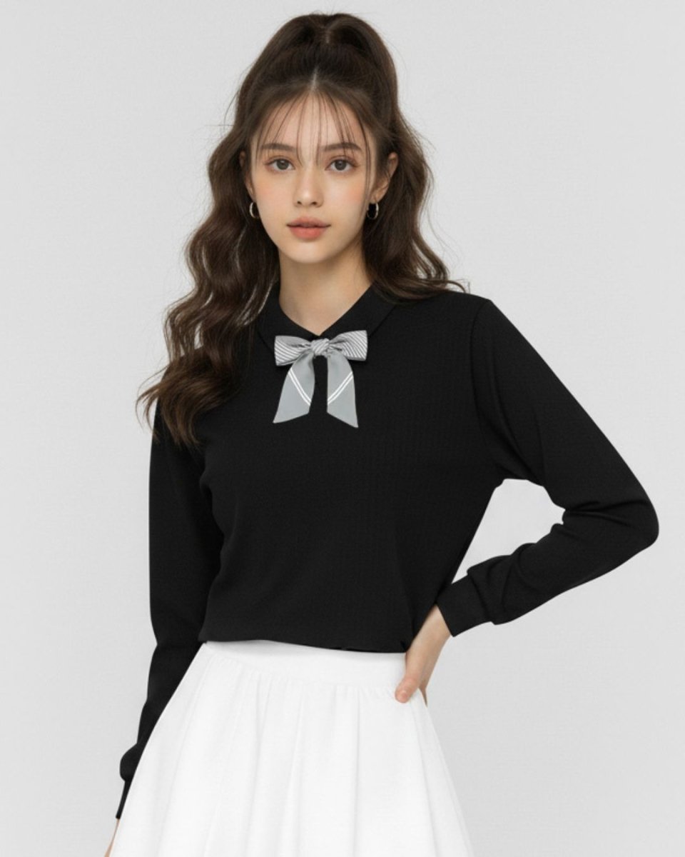 襟リボン付き長袖トップス CH765 - Chamule