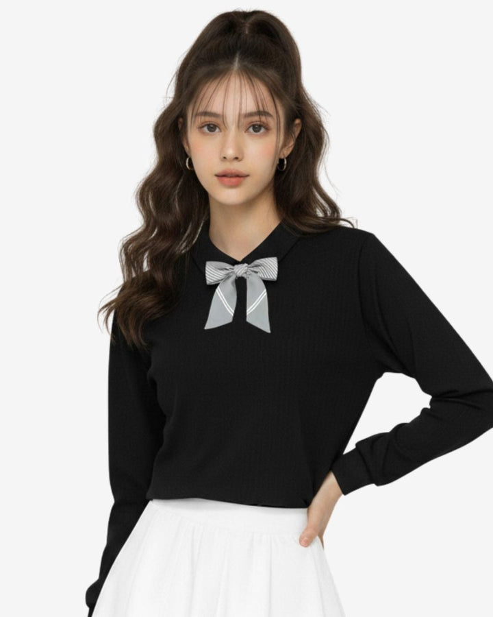 襟リボン付き長袖トップス　CH765 - Chamule