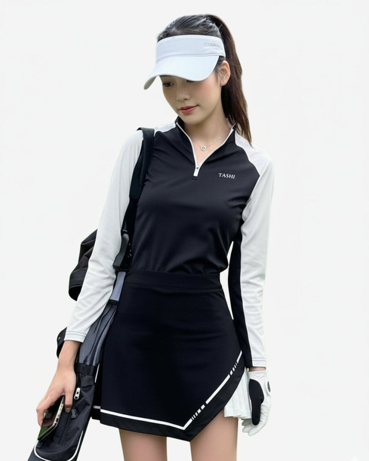 ハーフジップ＋プリーツ切替スカート セットアップ　　CH782 - Chamule