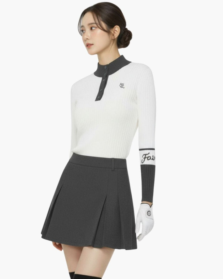 配色スタンドカラーリブトップス+プリーツスカート セットアップ　CH787 - Chamule