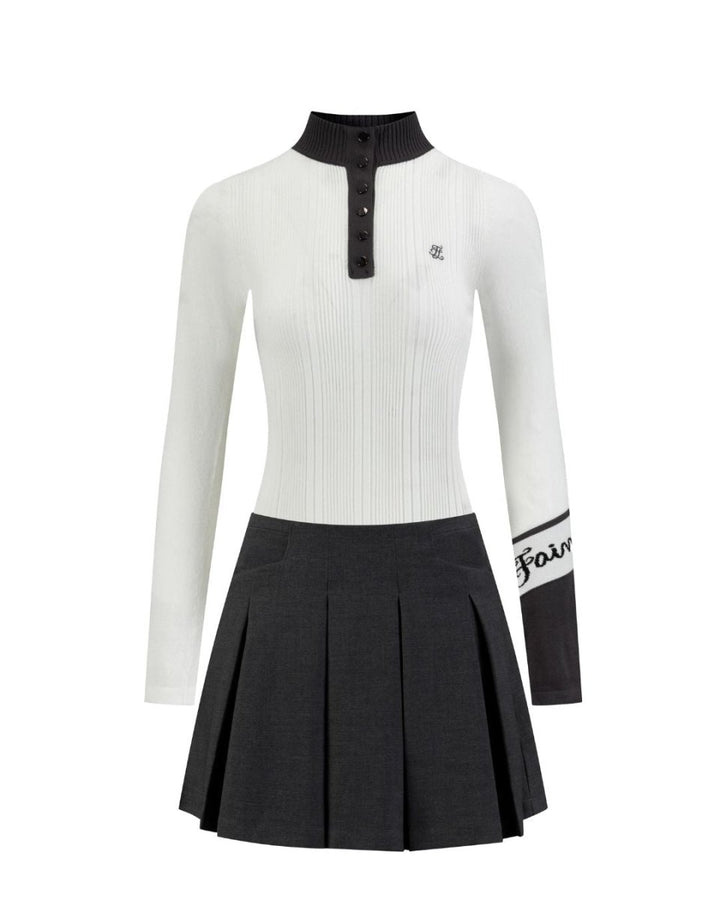 配色スタンドカラーリブトップス+プリーツスカート セットアップ　CH787 - Chamule