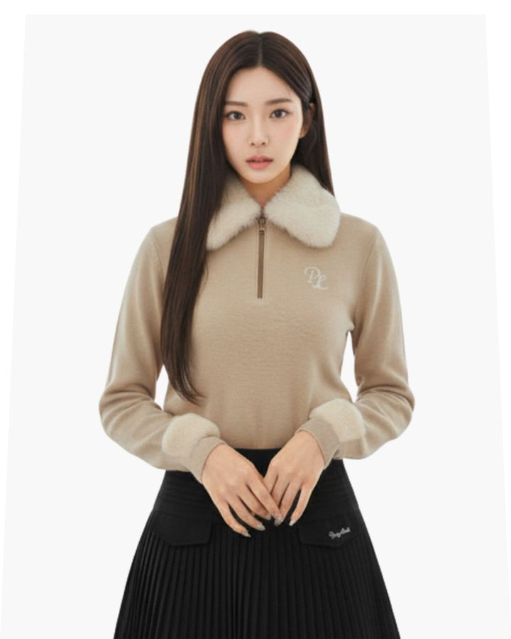 ハーフジップ フェイクファー襟付きトップス　CH792 - Chamule