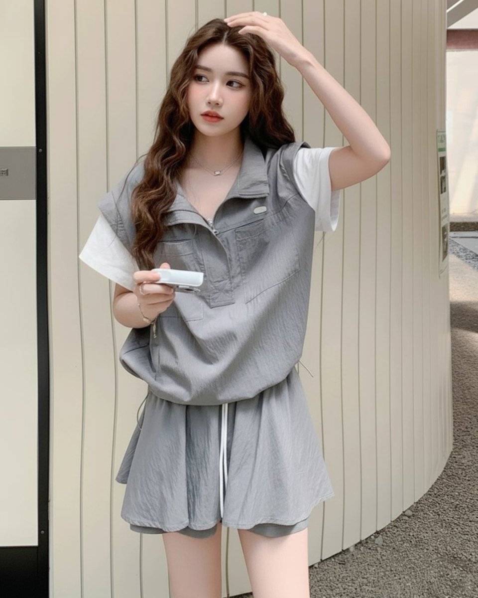 ハーフジップトップス キュロットセットアップ　CH796 - Chamule