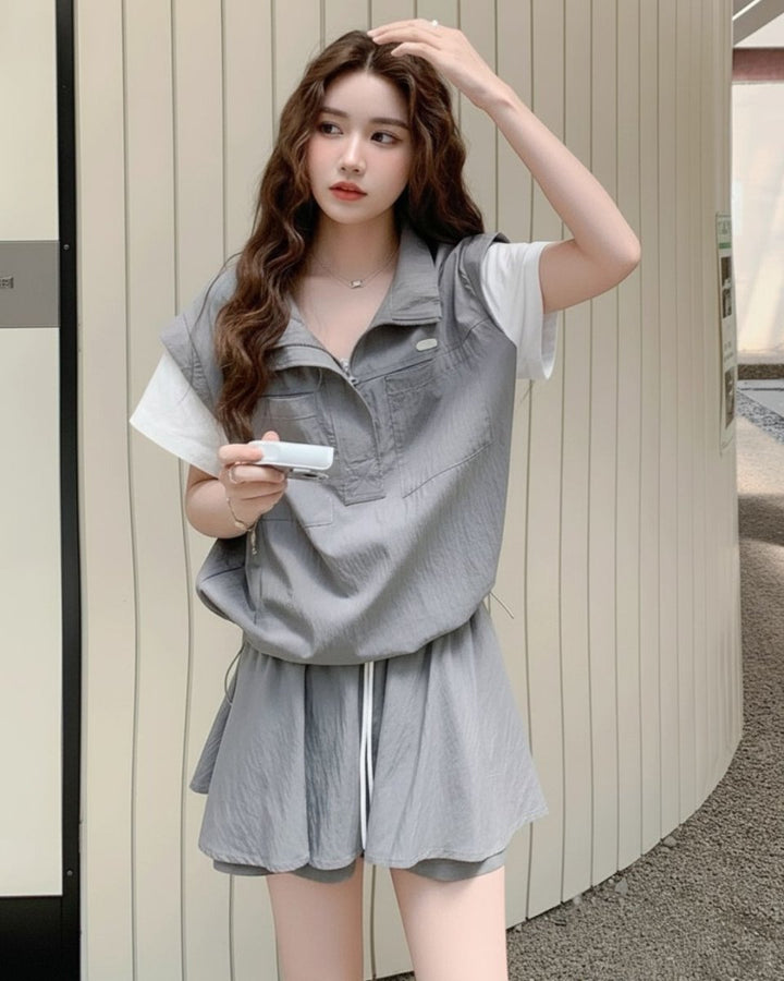 ハーフジップトップス キュロットセットアップ　CH796 - Chamule