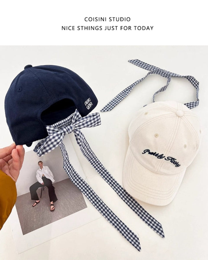 レディース チェックリボン付きキャップ 帽子　ロゴ入り　CH811 - Chamule