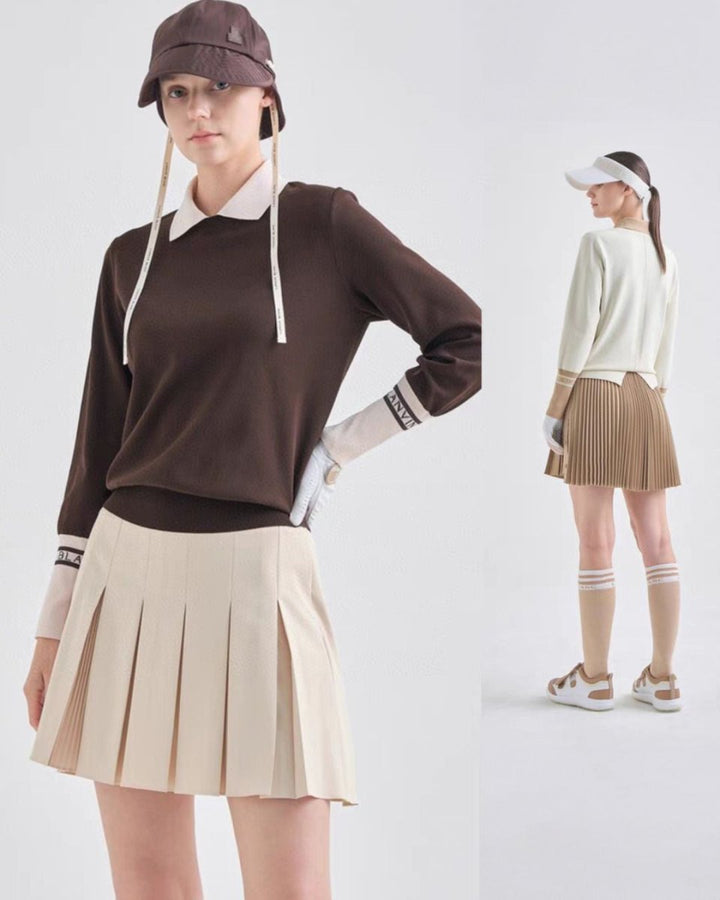 ゴルフウェア 襟付き配色ニット トップス 長袖 　CH818 - Chamule