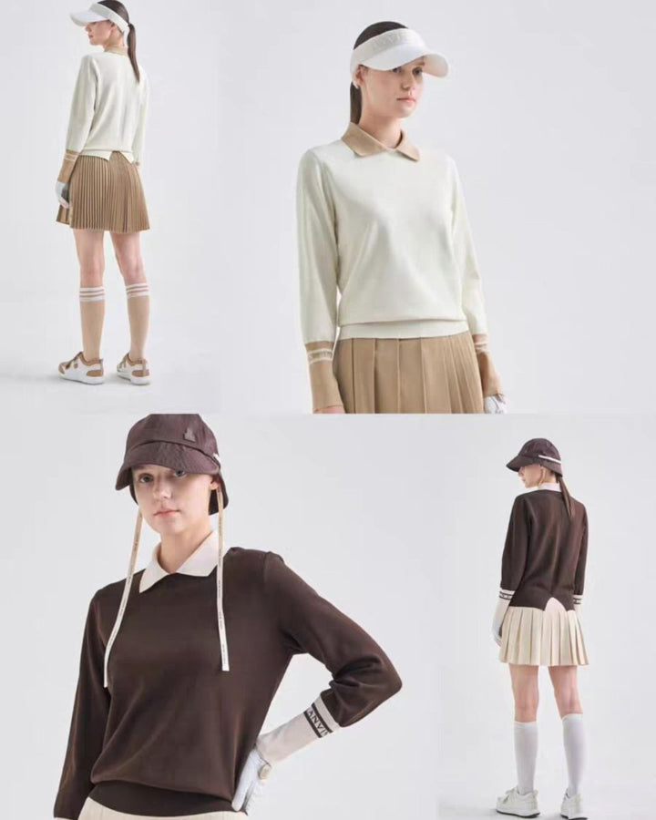 ゴルフウェア 襟付き配色ニット トップス 長袖 　CH818 - Chamule