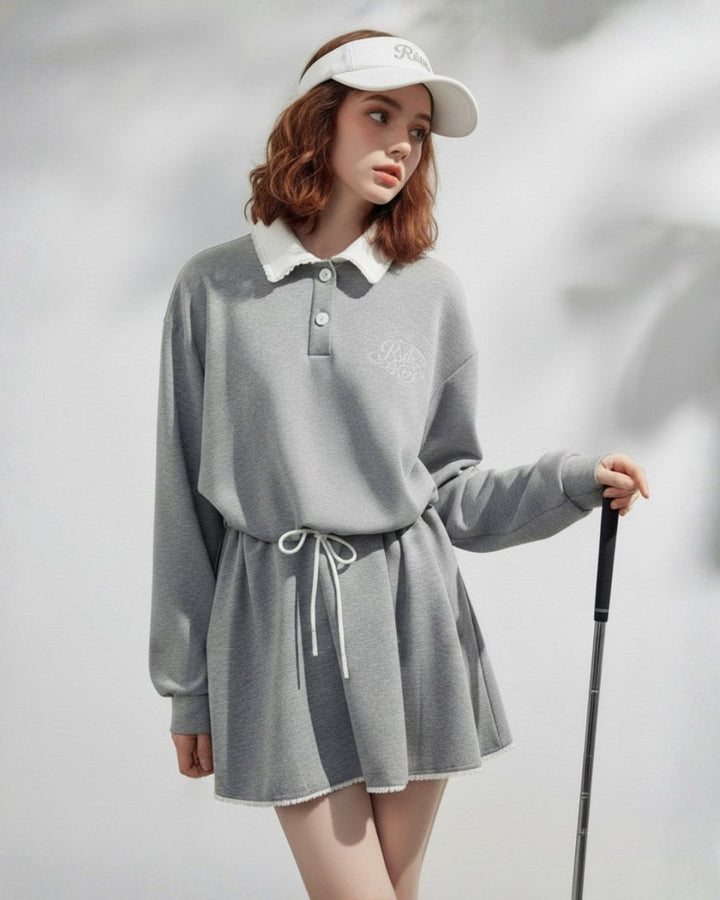 ゴルフウェア レディース ワンピース　スウェット素材 配色襟付き 長袖 CH820 - Chamule