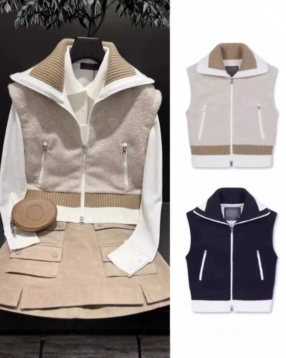 ゴルフウェア レディース 異素材ミックスジップアップベスト リブニット切り替え CH821 - Chamule