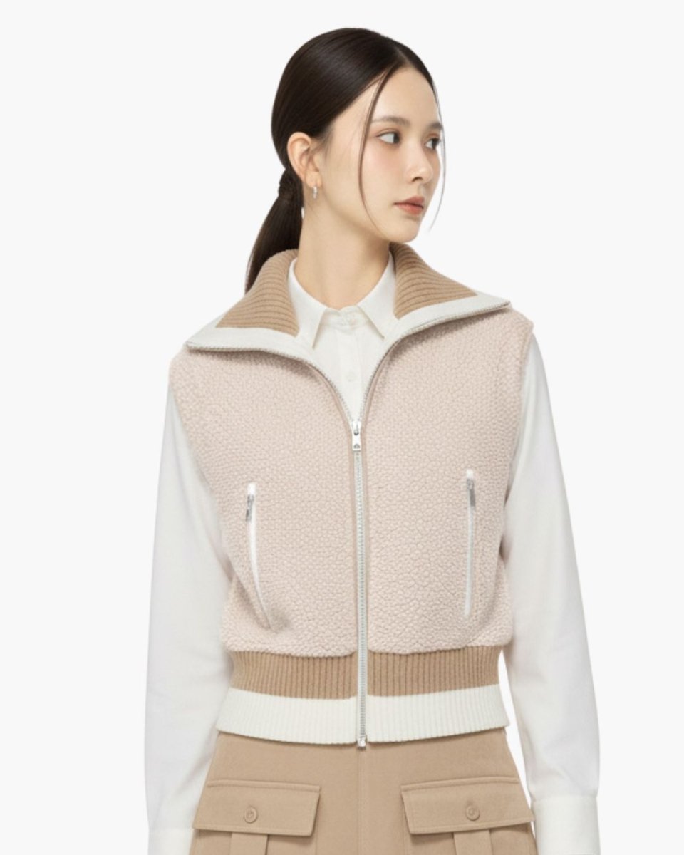 ゴルフウェア レディース 異素材ミックスジップアップベスト リブニット切り替え CH821 - Chamule