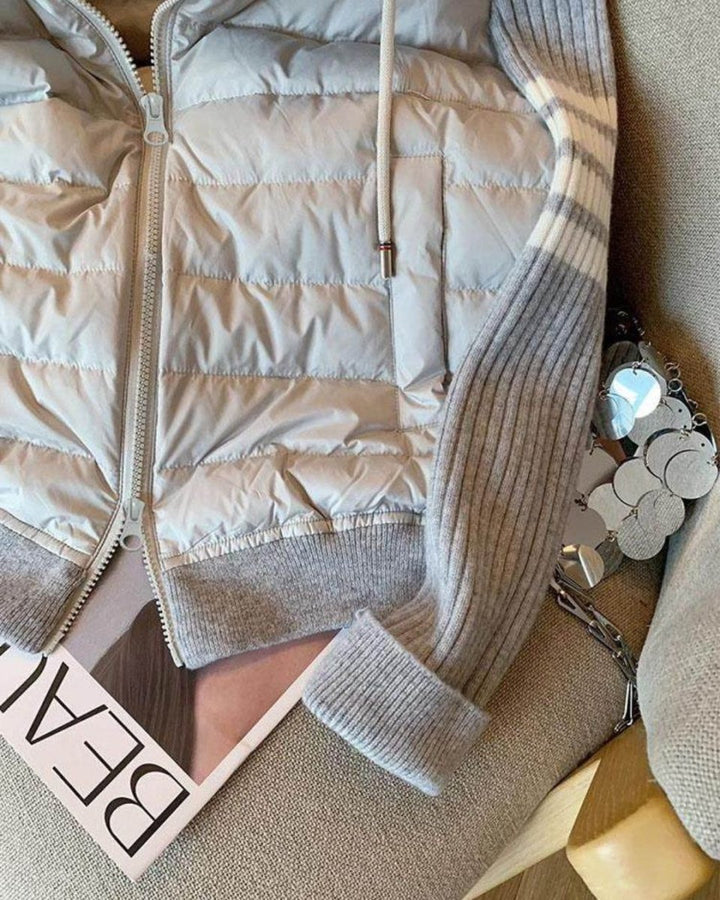Clean up the warehouse and recover the leak! Patchwork knit drawstring hooded padded jacket. Women's versatile lightweight padded jacket for Fall/Winter 2024.