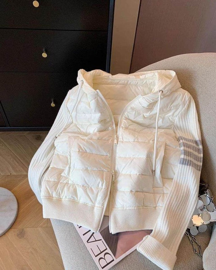 Clean up the warehouse and recover the leak! Patchwork knit drawstring hooded padded jacket. Women's versatile lightweight padded jacket for Fall/Winter 2024.