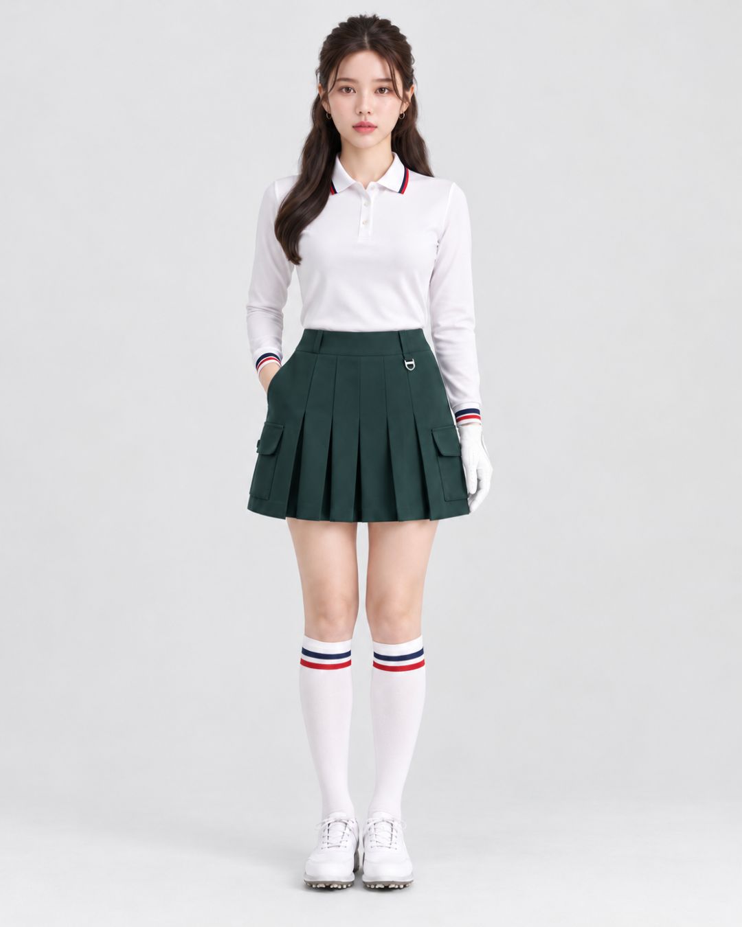 Chamuleのダークグリーンのカーゴポケット付きプリーツスカートを着用した女性ゴルファー