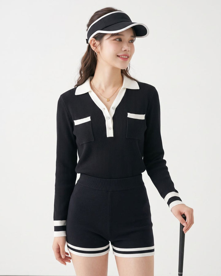 Chamuleの配色ライン入り長袖ニットトップスとショートパンツのセットアップ。ゴルフウェアとして着用する女性モデル