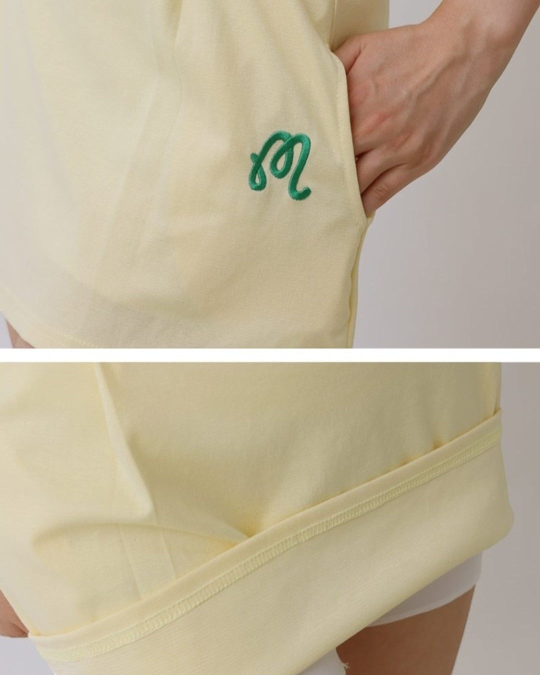 Chamuleのロゴ刺繍入りイエローのノースリーブセットアップ、スカートのポケット部分のディテール