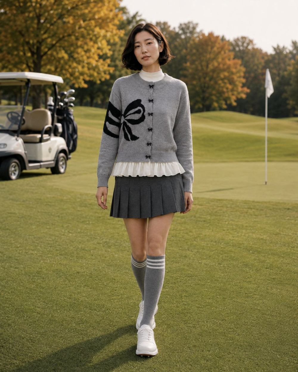 Chamuleのグレーのニットカーディガン。大きなリボン柄と裾のフリルが特徴で、ゴルフ場で着用する女性モデル。