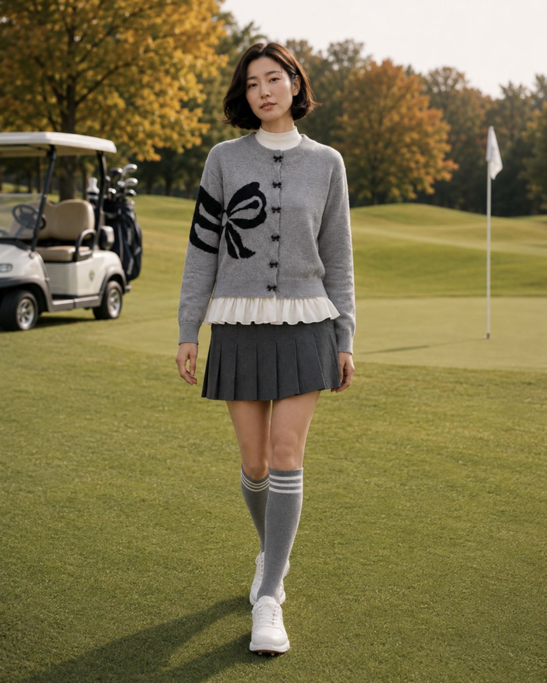Chamuleのグレーのニットカーディガン。大きなリボン柄と裾のフリルが特徴で、ゴルフ場で着用する女性モデル。