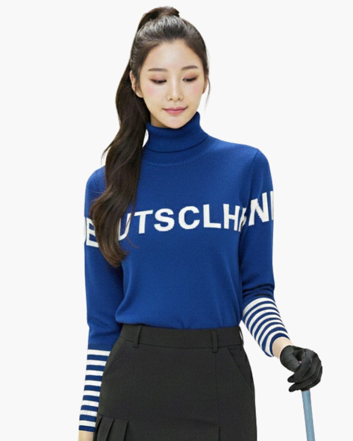 ゴルフトップス レディース タートルネック ロゴ入り ボーダー袖ニット - Chamule