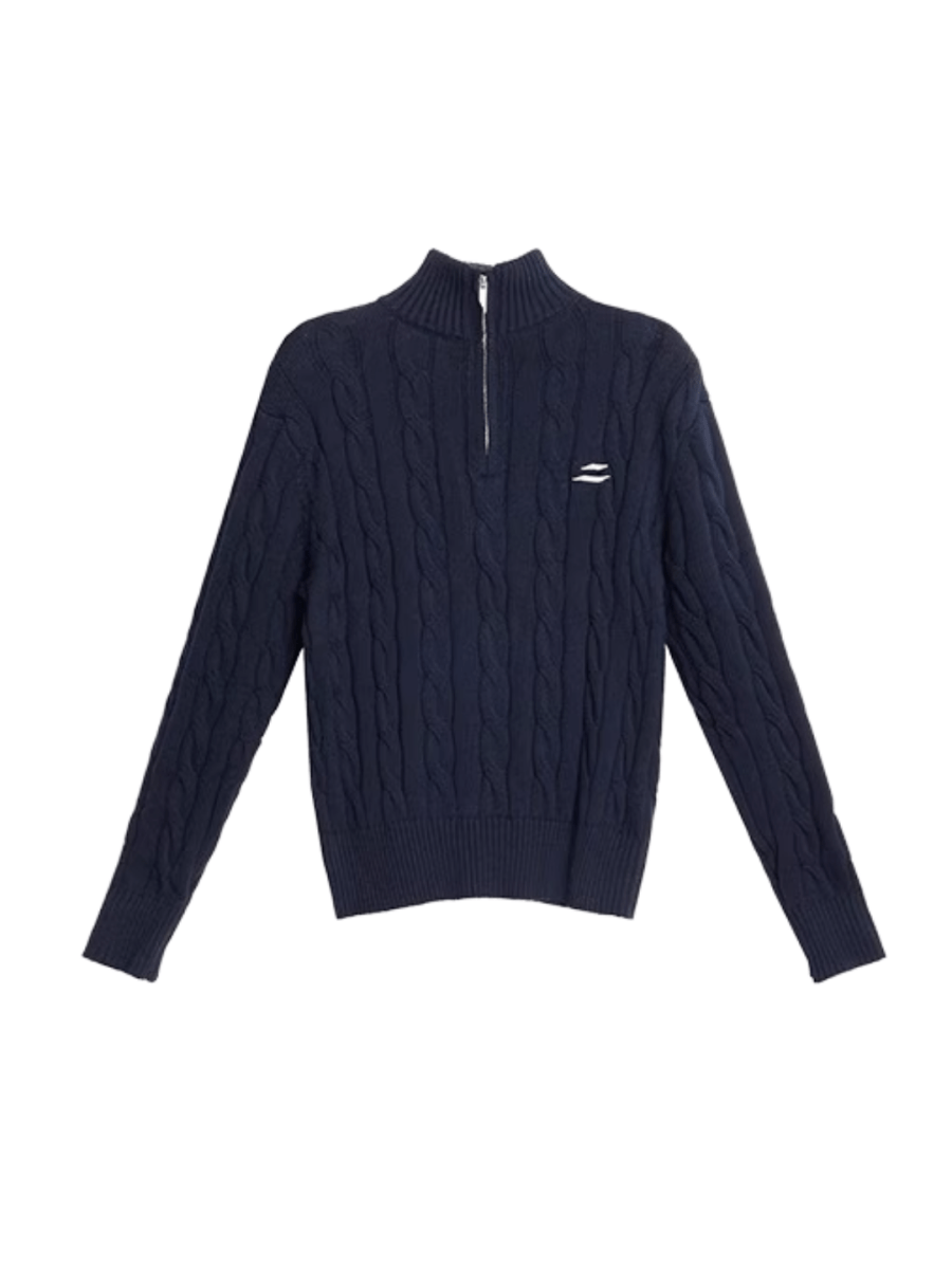 ハイネックハーフジップツイストゴルフニット - Chamule ハイネックハーフジップツイストゴルフニット - Chamule