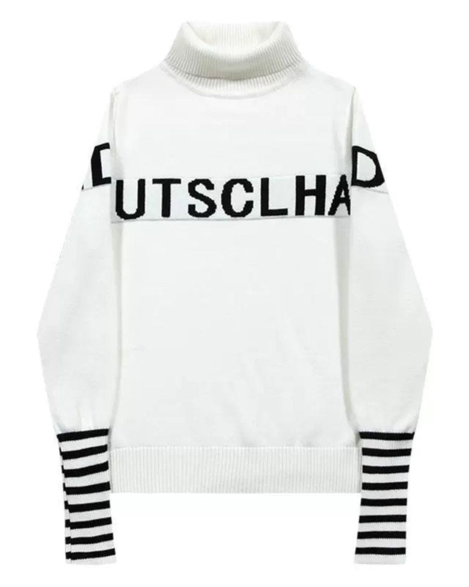 ゴルフトップス レディース タートルネック ロゴ入り ボーダー袖ニット - Chamule