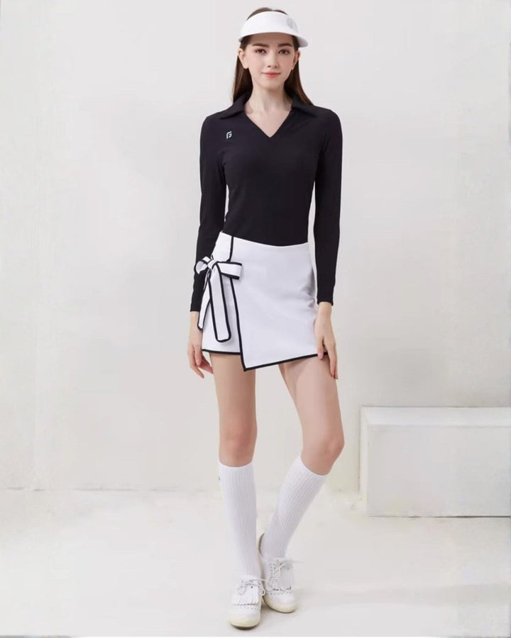 Vネックカラートップス＆リボンラップスカート【セットアップ可】CH1036 - Chamule