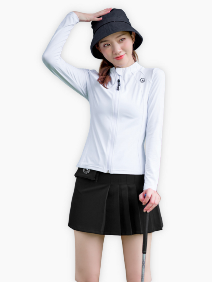 Pakaian golf, jaket putih lengan panjang dan rok pendek set ch225